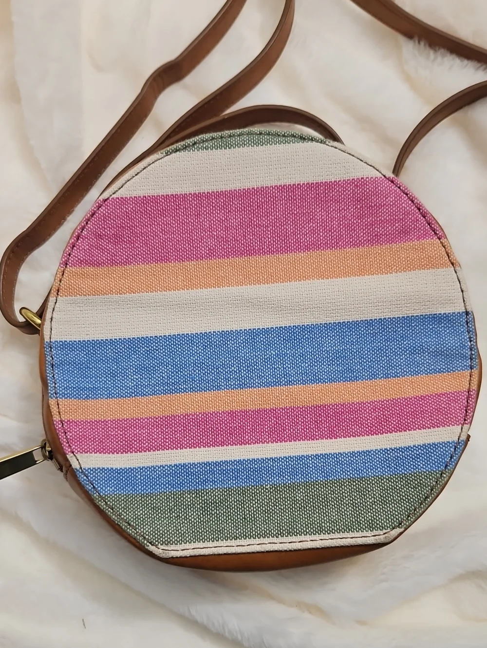 Fossil Round Stripe Crossbody Bag | Colorful Canvas & Faux Leather | Adjustable